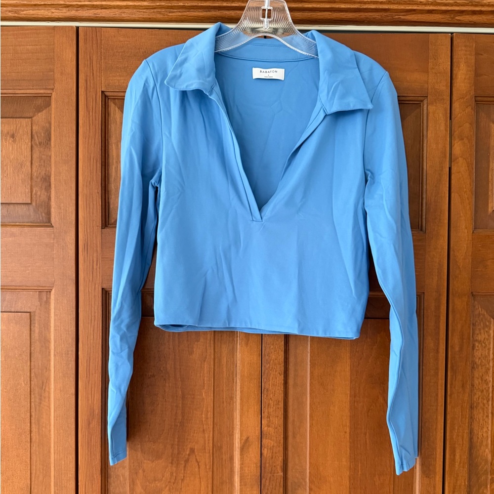 Babaton Sky Blue Long-Sleeve V-Neck Polo Top- Large
